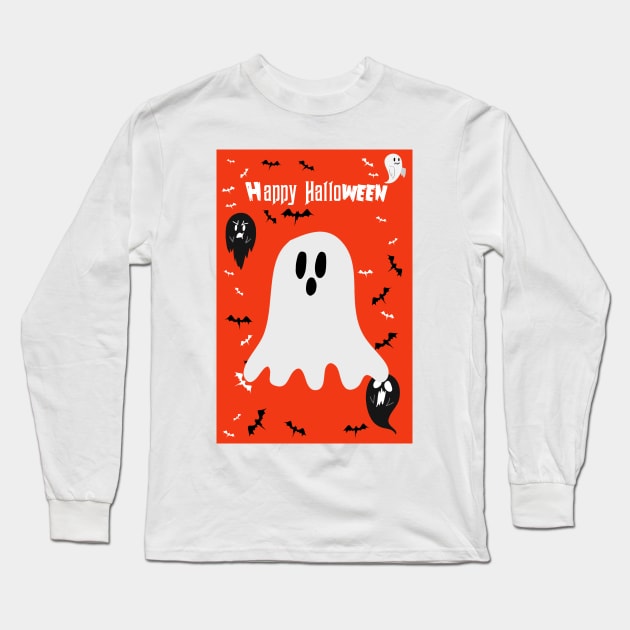 Orange Happy Halloween - Li'l Ghost Long Sleeve T-Shirt by saradaboru